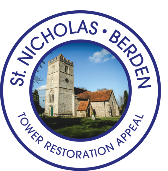 Circular logo featuring a photograph of St. Nicholas Church in Berden, Essex, surrounded by text that reads "St. Nicholas Berden Tower Restoration Appeal." The church, set against a blue sky, shows a stone tower, red tile roof, and a green door. The text is in a navy blue font on a white background, bordered by the same navy blue.